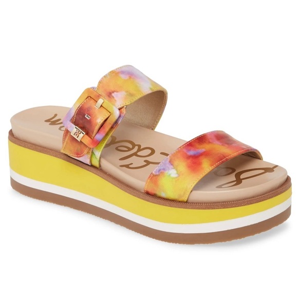NIB Sam Edelman Agustine Platform Slide Sandal Lemon Zest Multi Leather 7.5M - Picture 11 of 12